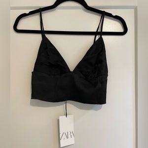 Zara black crop top. Silky material, size XS. Adjustable straps. Never worn.